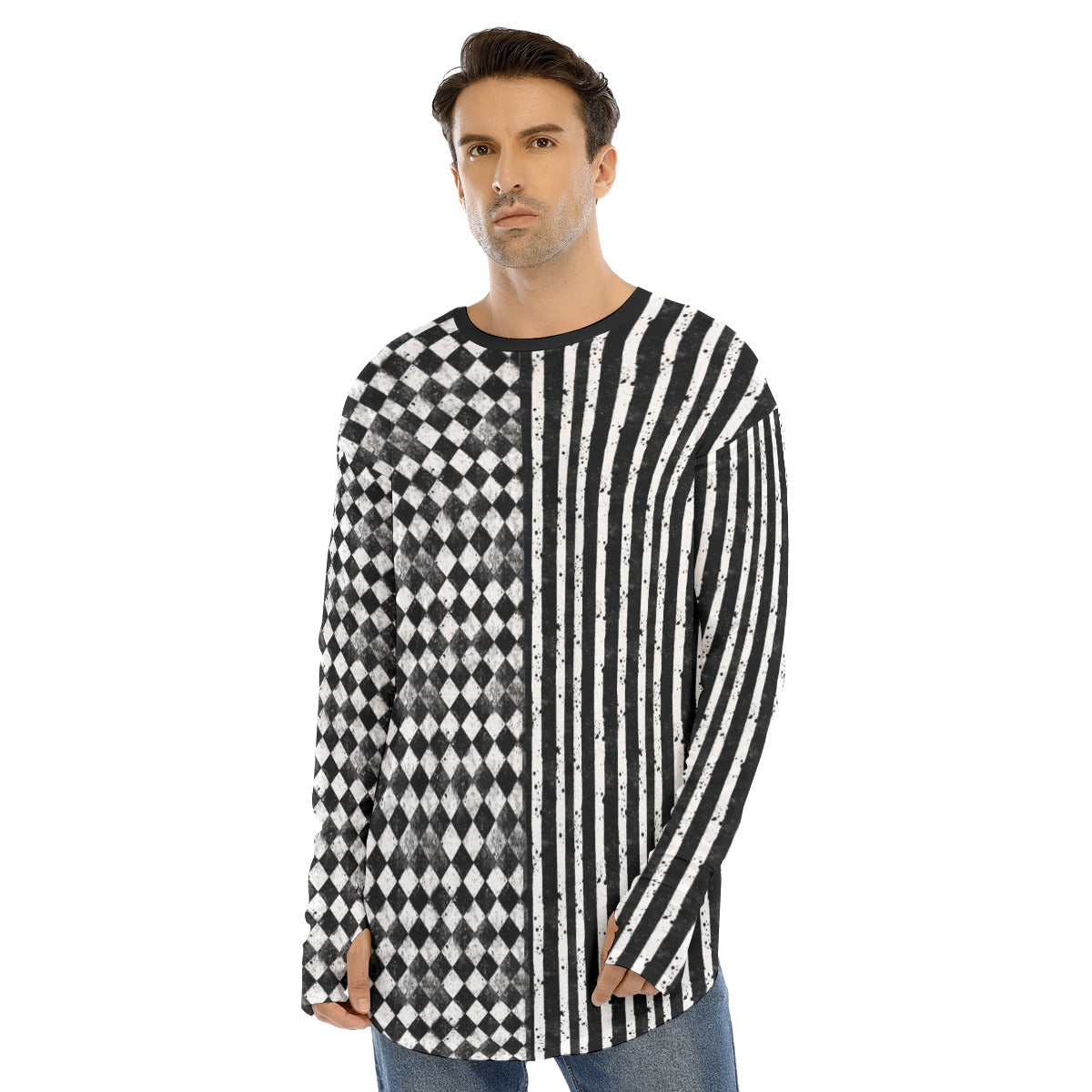 CARNYVL “Dirty Diamonds” Long Sleeve Thumb Crew T-Shirt featuring a split black-and-white harlequin design.