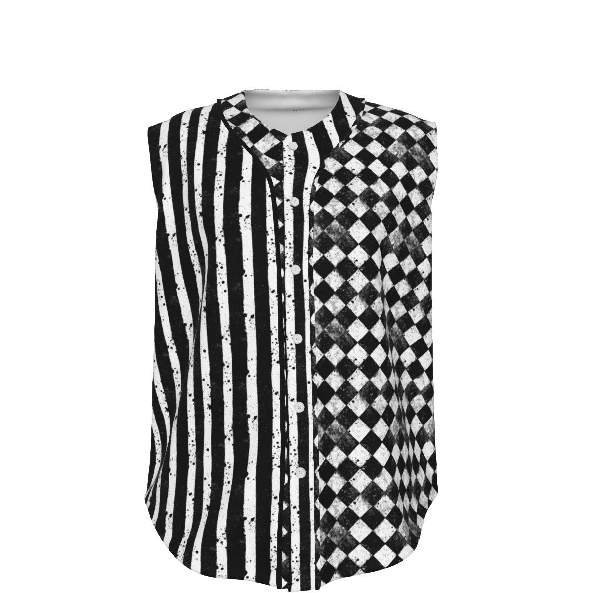 Dirty Diamonds clown vest with stripes and harlequin print.