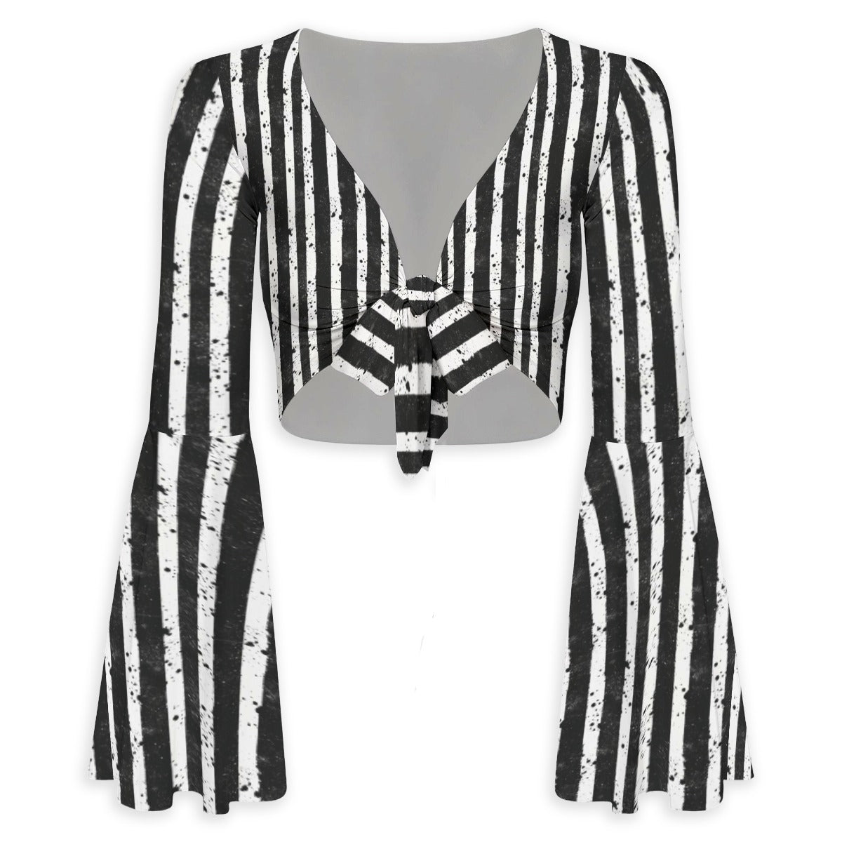 CARNYVL “Dirty Diamonds” Sheer Tie-Front Crop Top featuring distressed stripe print and flared sleeves.