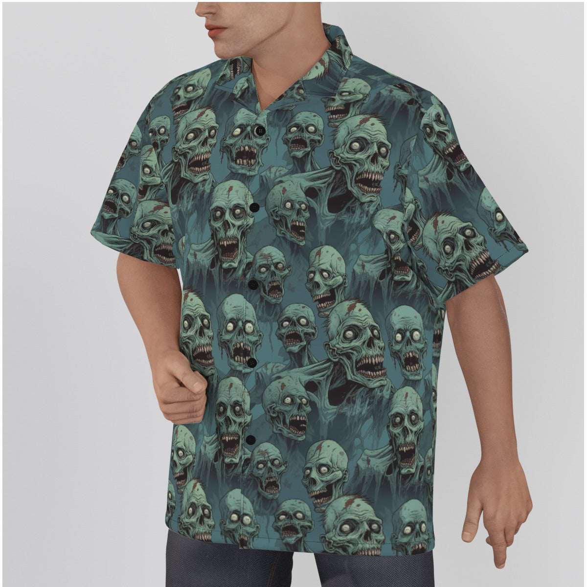 Man wearing a zombie crowd gothic shirt with a pattern of skull-like zombies in shades of teal.