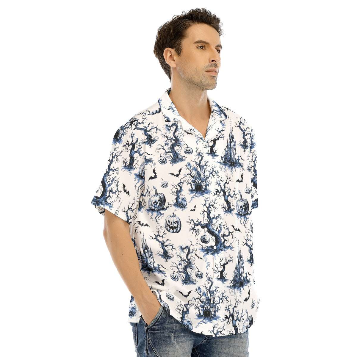 Chinois-eerie Gothic Button-Up Shirt featuring a haunted design with bats and jack-o’-lanterns in blue-on-white. Chinois-eerie Gothic Button-Up Shirt featuring a haunted design with bats and jack-o’-lanterns in blue-on-white.