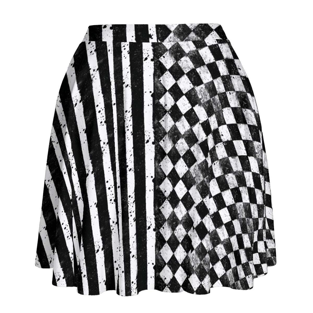 CARNYVL Dirty Diamonds short skirt featuring a warped checkerboard and grimy vertical stripes design.