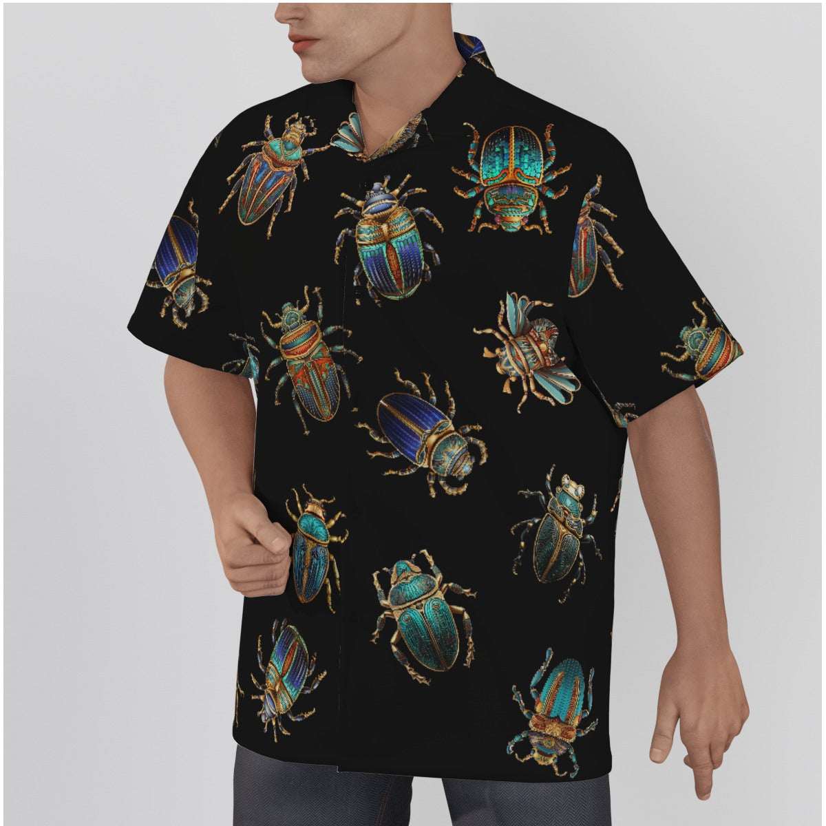 Egyptian Scarabs Gothic Button-Up Shirt featuring colorful scarob beetle print on a black base.