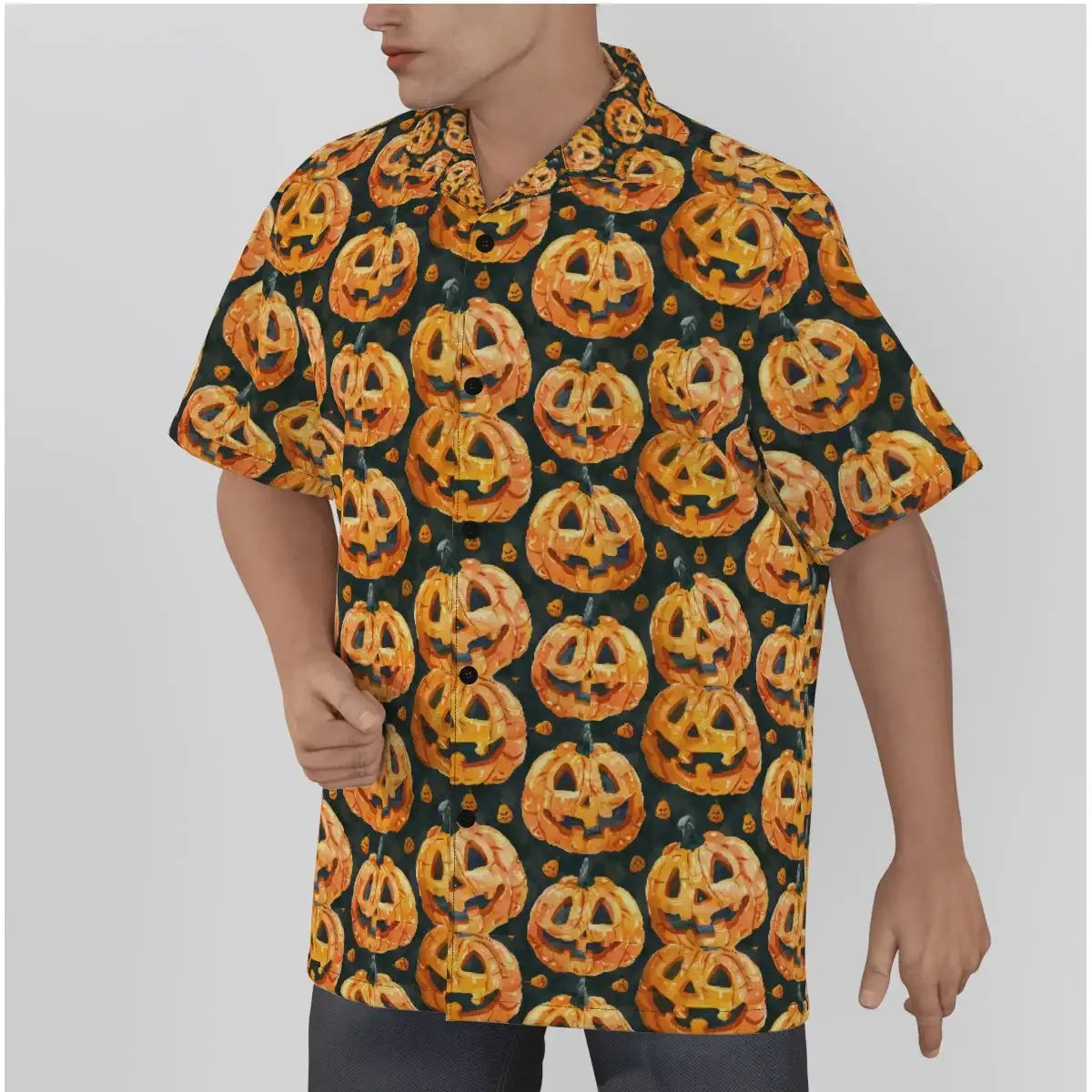 Pumpkin Patch Gothic Button-Up Shirt featuring watercolor jack-o'-lanterns on a dark background, perfect for Halloween.