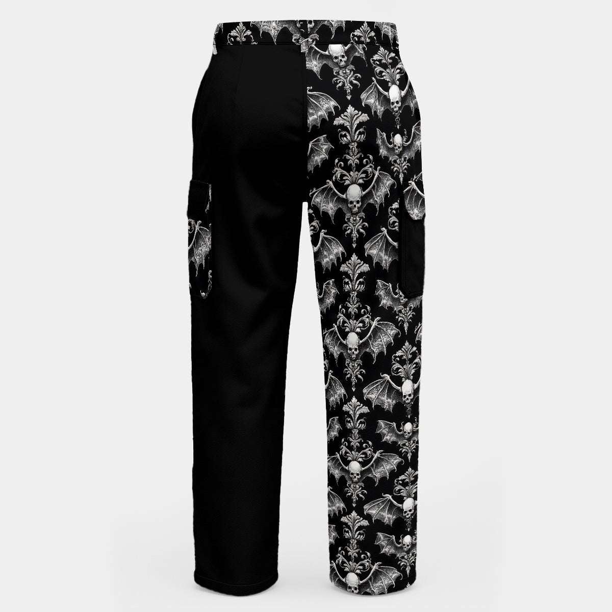 WREKED Winged Skull & Inky Void Printed Cargo Pants showcasing a split design with a bold skull print and black panel.