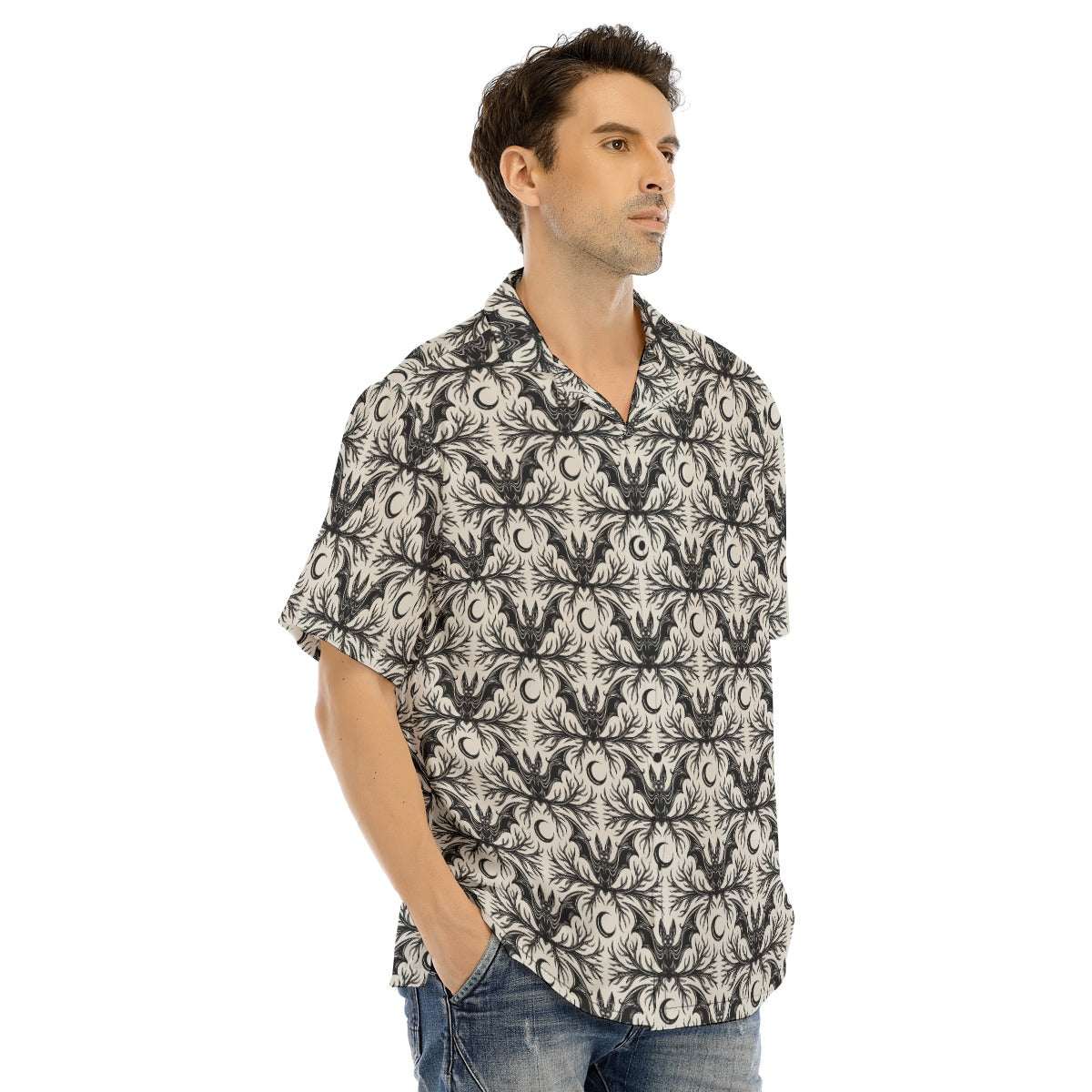 Bat & Crescent Gothic Button-Up Shirt featuring an intricate bat and crescent moon print in slate and ivory.