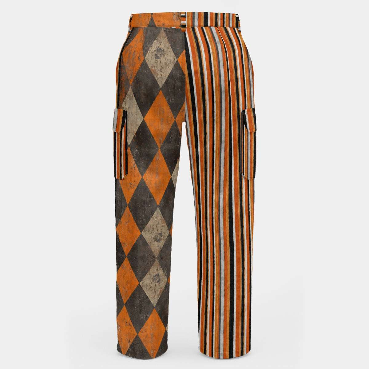 WREKED Schitzo Stripe & Harlequin Print Cargo Pants featuring bold striped and harlequin panels.