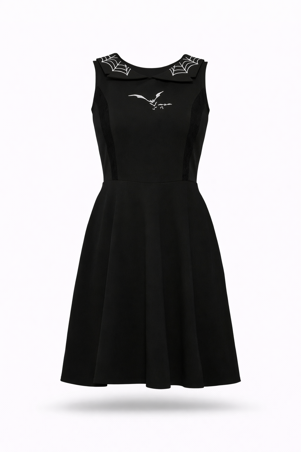 Black sleeveless dress with spider and bat embroidery.