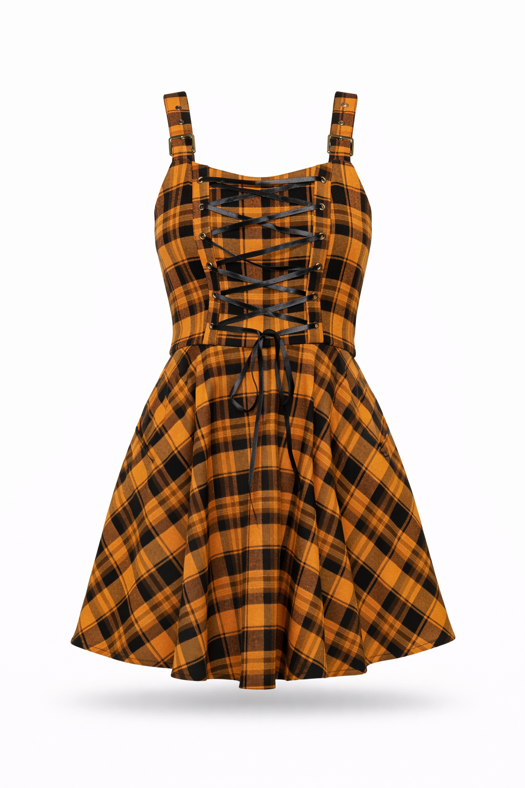 Orange plaid mini dress.