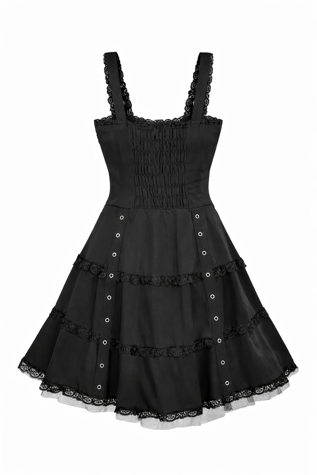 Black gothic pinup dress with corset lace bodice and adjustable straps, featuring a ruched back panel.