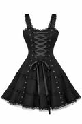 Black pinup dress with corset-lace bodice.