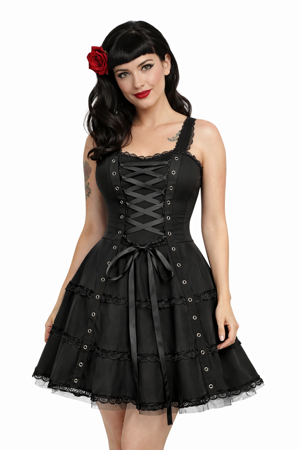 Black gothic pinup dress with corset lace bodice and ruched back panel, perfect for a vintage-inspired outfit.
