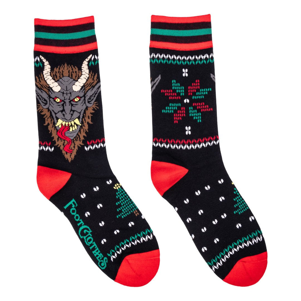Krampus design holiday crew socks with festive patterns and colors, perfect for the holiday season.
