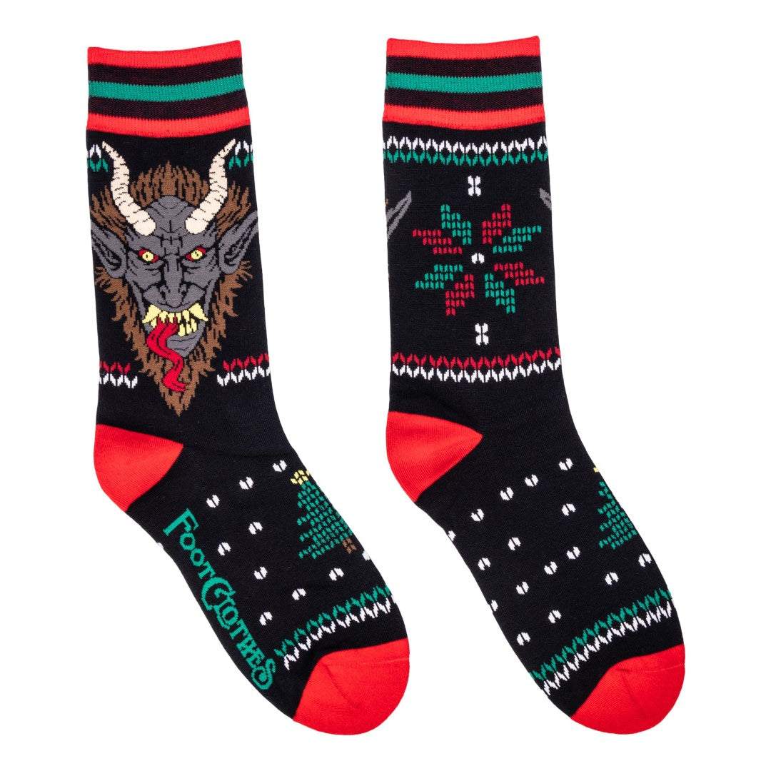 Krampus design holiday crew socks with festive patterns and colors, perfect for the holiday season.