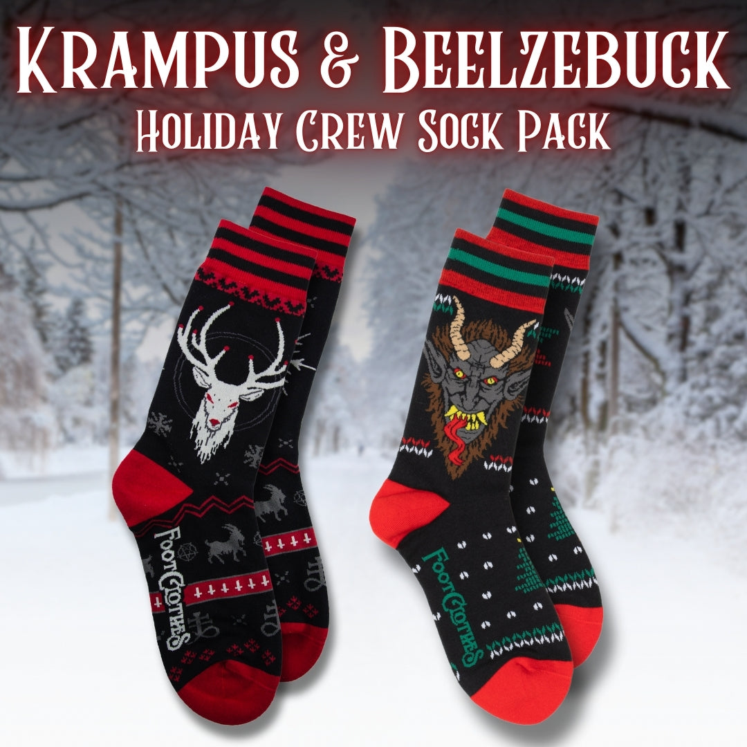 Two-design Krampus and Beelzebuck holiday sock pack.