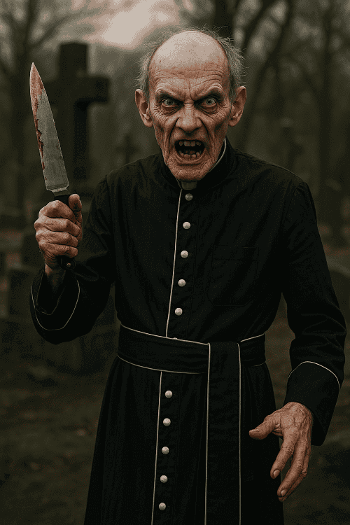 Priest Costume worn by an intimidating figure holding a knife, set against a graveyard background, enhancing gothic theme.