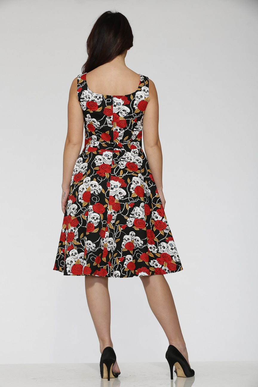 Gothic Dress – Skulls & Roses Fit-and-Flare Outfit showing back design with vivid roses and skulls on a black background.
