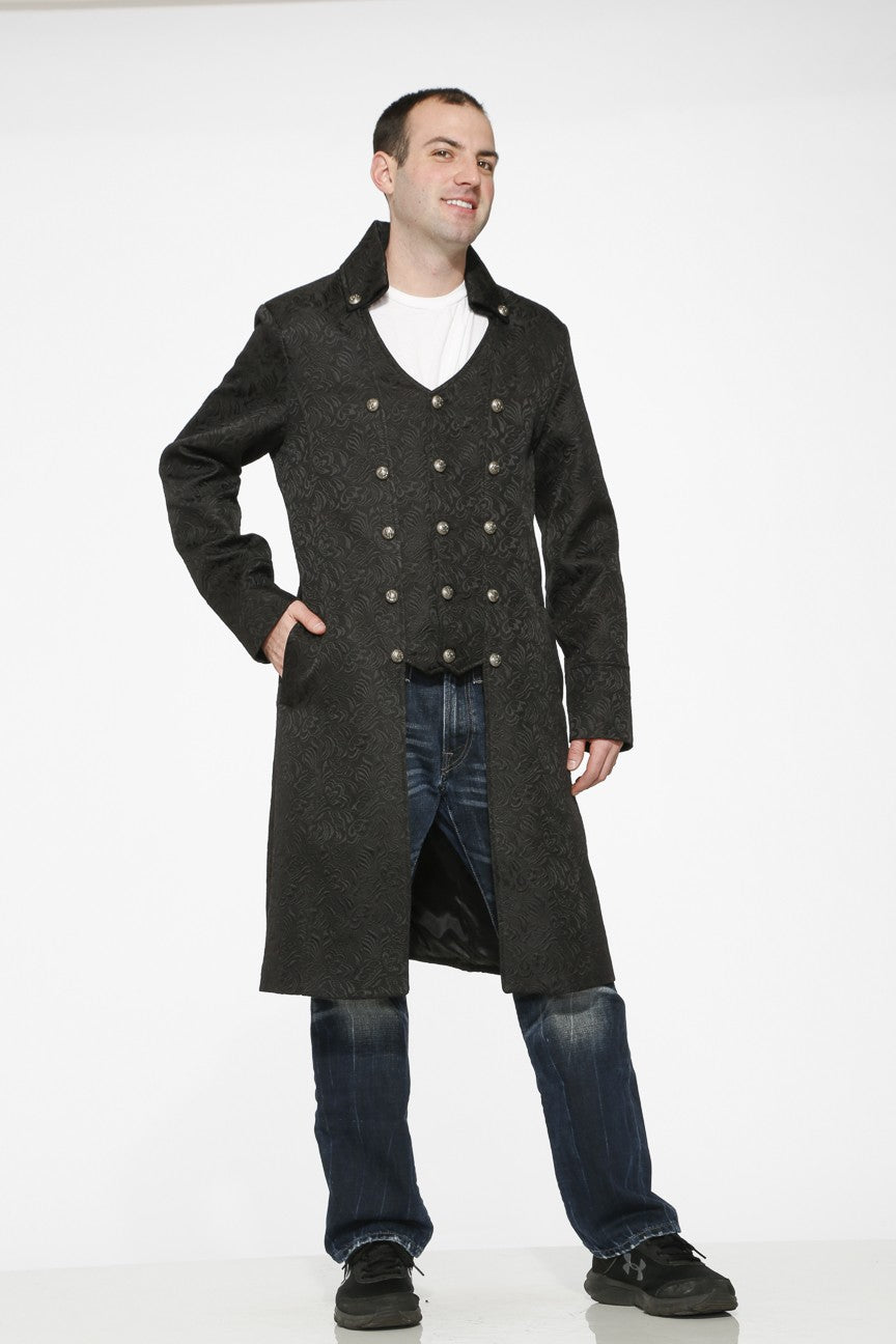 Victorian Great Coat – Gothic Steampunk Long Overcoat (Black) worn by a model, showcasing its vintage style and elegance.