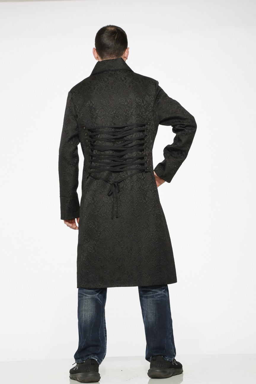 Victorian Great Coat – Gothic Steampunk Long Overcoat (Black) shown from the back, featuring intricate lacing details.