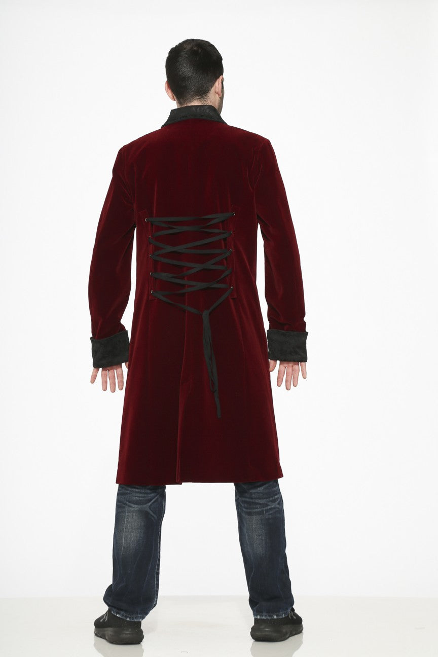 Burgundy Gothic Velvet Coat – Velvet Vlad Vampire Coat displayed from the back with lace detailing.
