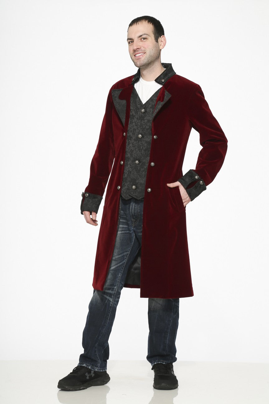 Burgundy Gothic Velvet Coat – Velvet Vlad Vampire Coat modeled by a man, featuring a luxurious design with gothic elegance.