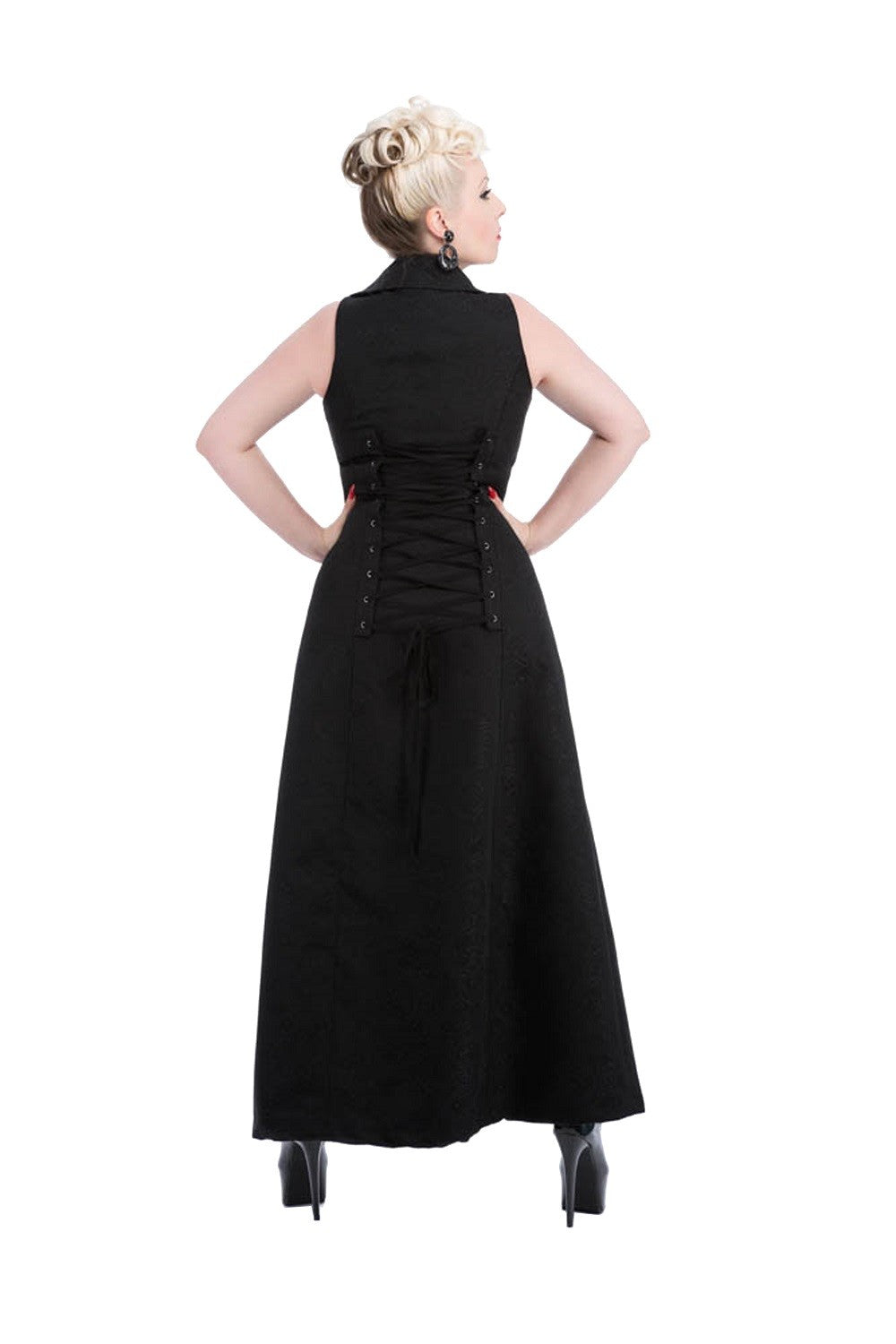 Gothic Long Waistcoat – Dark Victorian Tailcoat Vest back view showing laced design and dramatic silhouette.