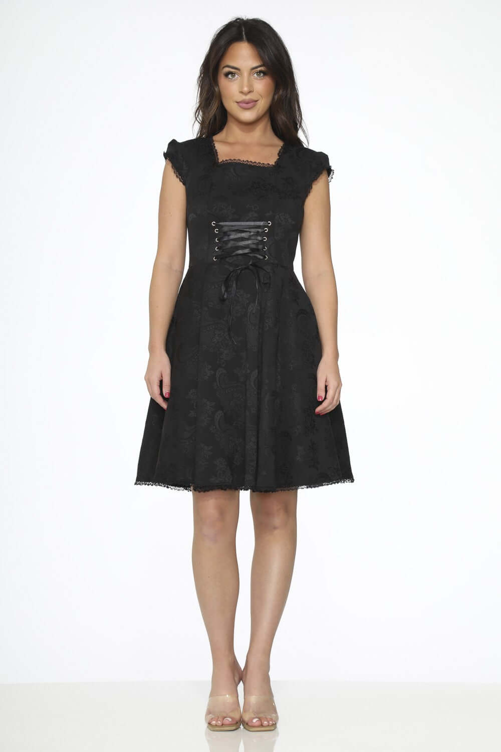Black Brocade Swing Dress (with Pockets) featuring a fitted bodice and a flowing skirt, perfect for twirling.