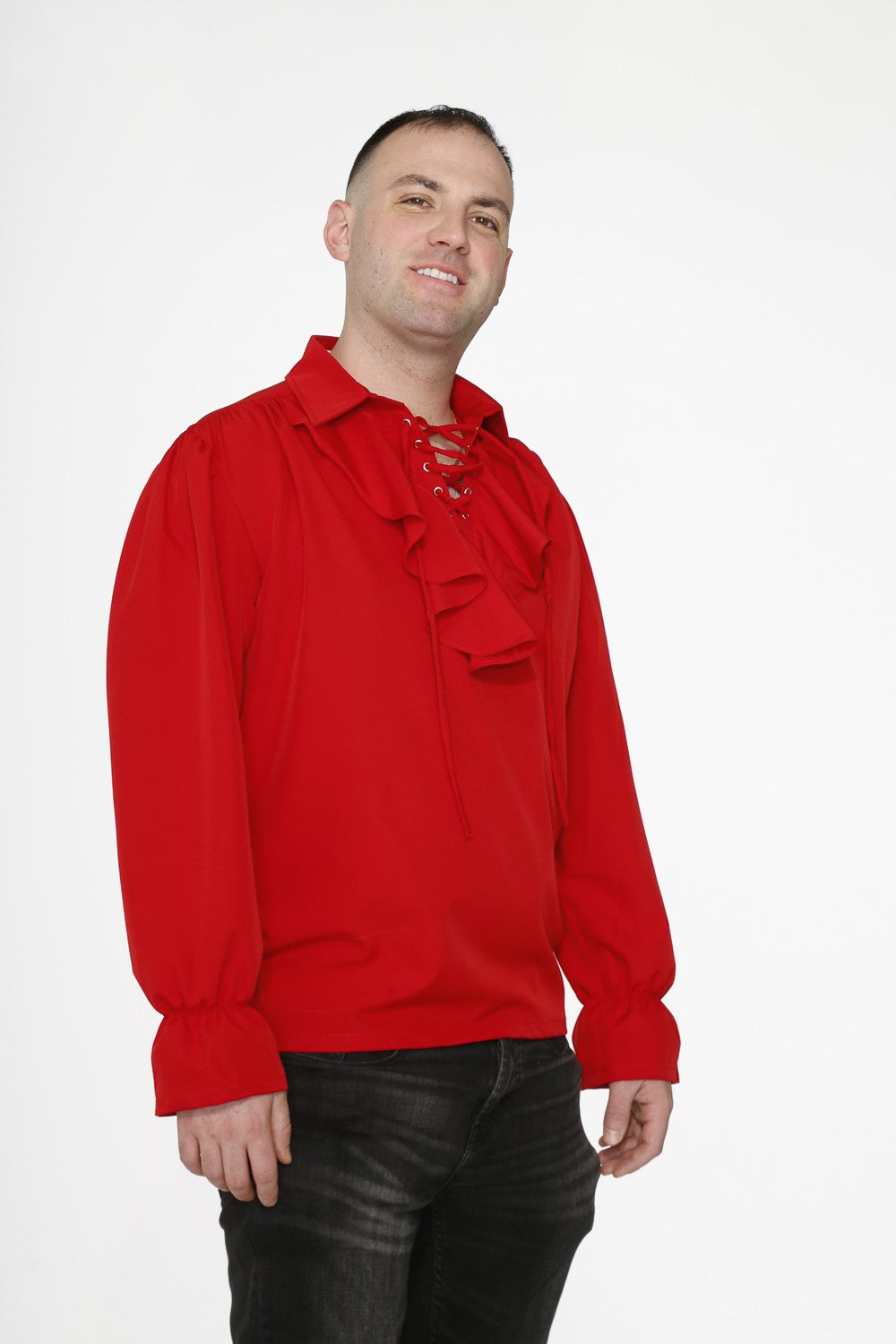 Red Pirate Shirt – Gothic Renaissance Pirate Costume Top worn by a man, featuring a ruffled design and vibrant red color.