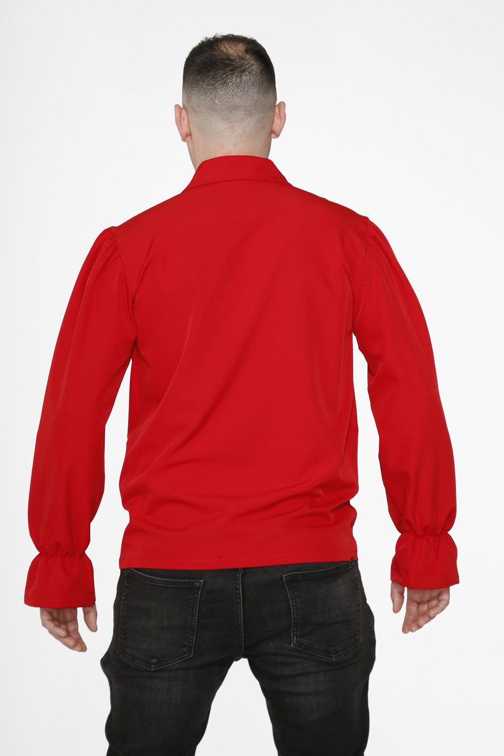 Back view of a man wearing a Red Pirate Shirt – Gothic Renaissance Pirate Costume Top