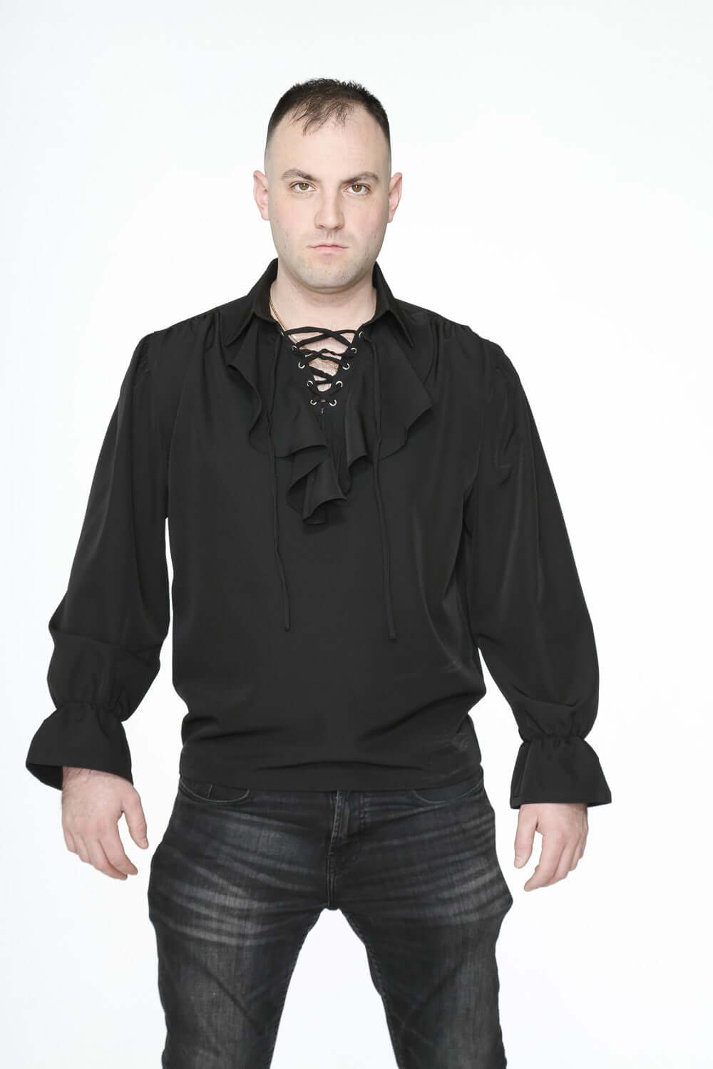 Black Pirate Poet Shirt worn by a model, showcasing its lace-up front and full sleeves, perfect for costumes.