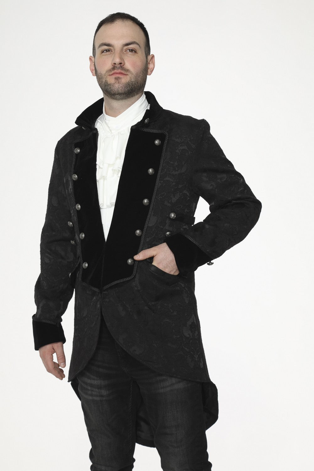 Man wearing a Black Pirate Coat – Gothic Steampunk Captain Jacket with velvet lapels and brocade