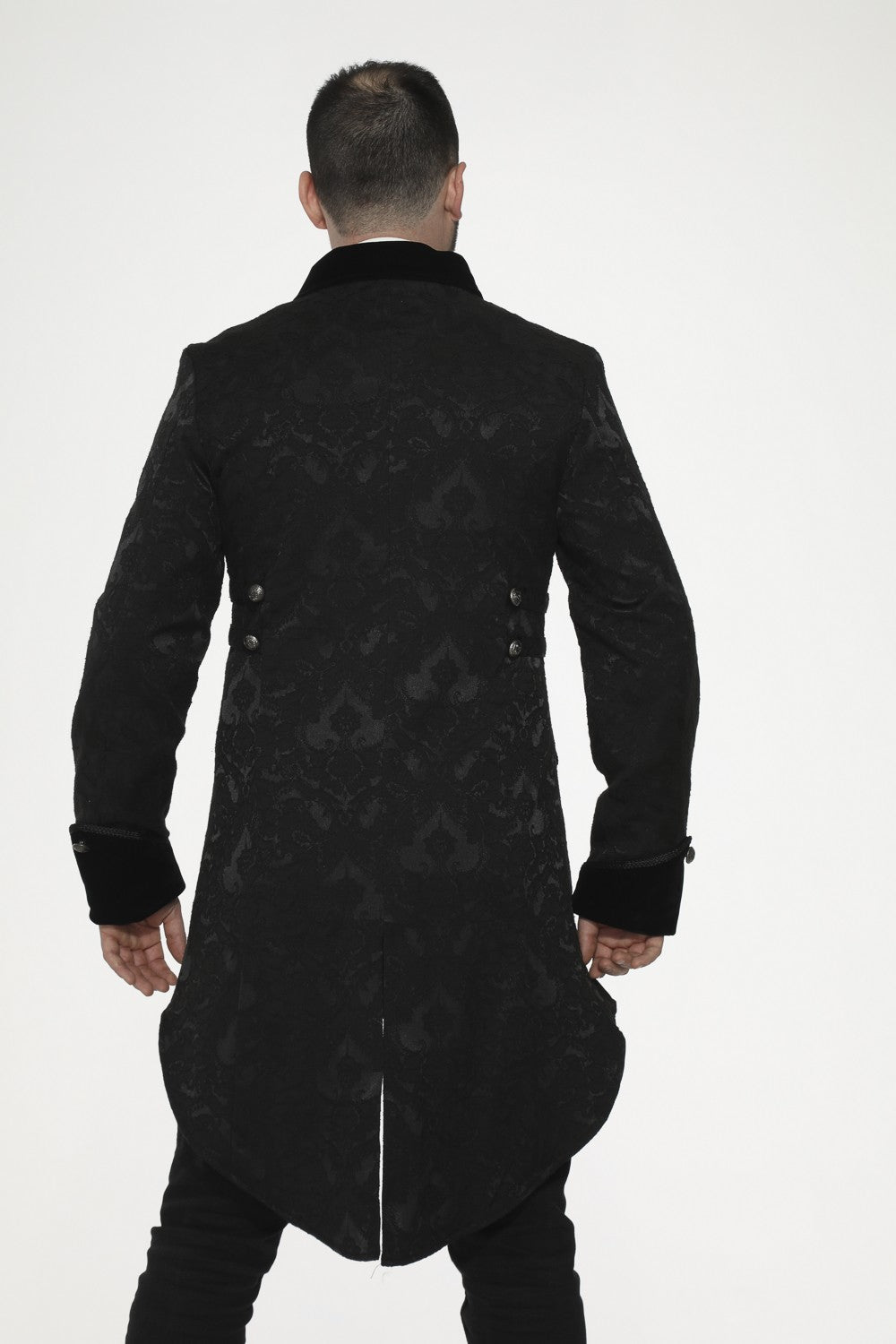 Back view of a man wearing a Black Pirate Coat – Gothic Steampunk Captain Jacket, showcasing its elegant design.