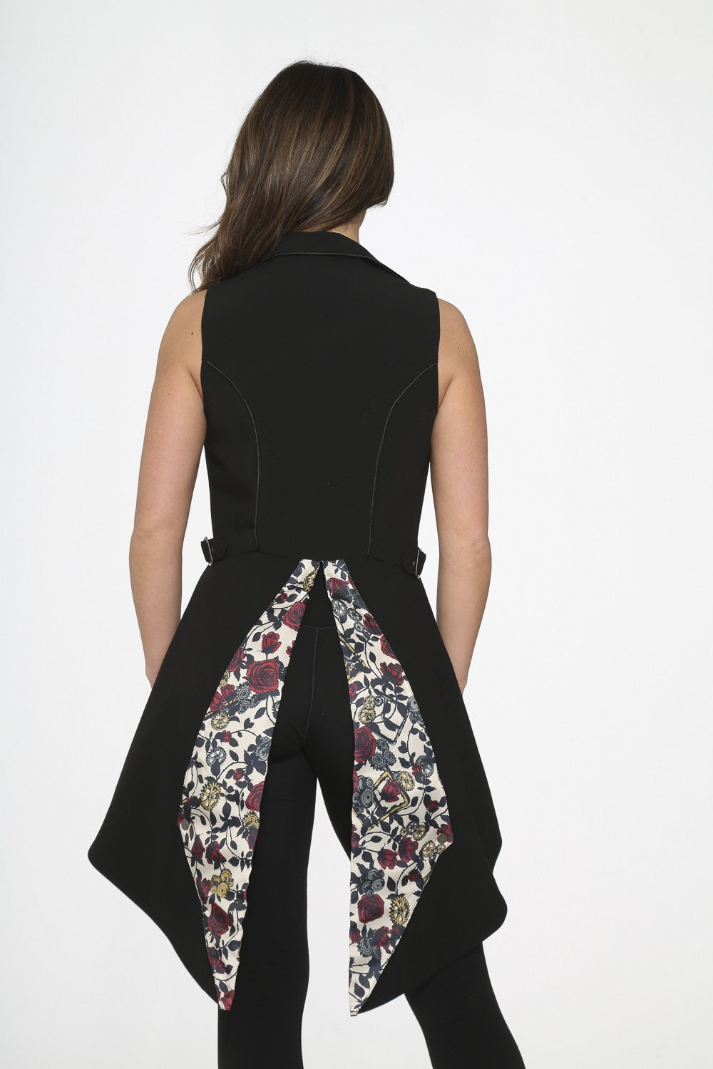 Steampunk Floral Vest – Gothic Victorian Lined Waistcoat showcasing back design with floral details and elegant silhouette.