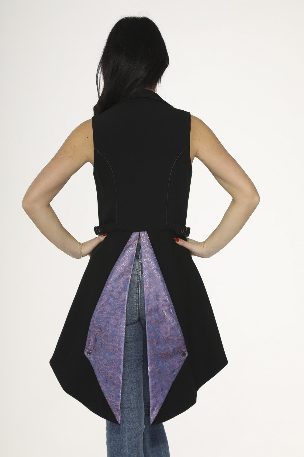 Back view of Black and Purple Floral Vest – Gothic Floral Waistcoat showcasing its unique design and vibrant inner lining.