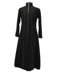 Long black safety-pin jacket.