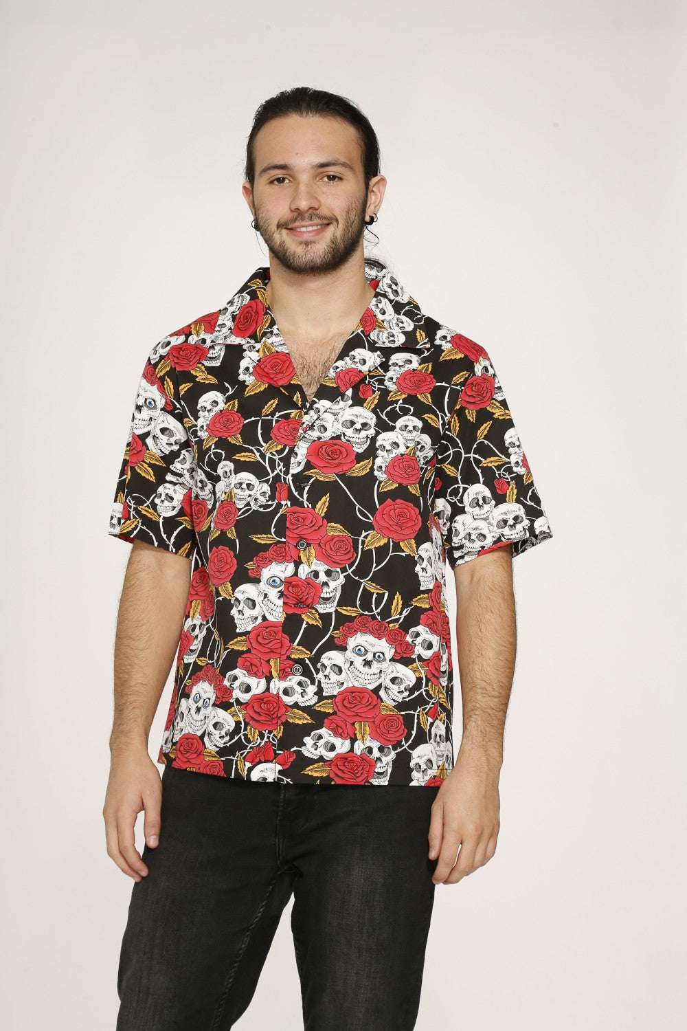 Skull & Roses Black Shirt - Orchid Bloom worn by model, featuring bold skull-and-rose print on a stylish shirt.