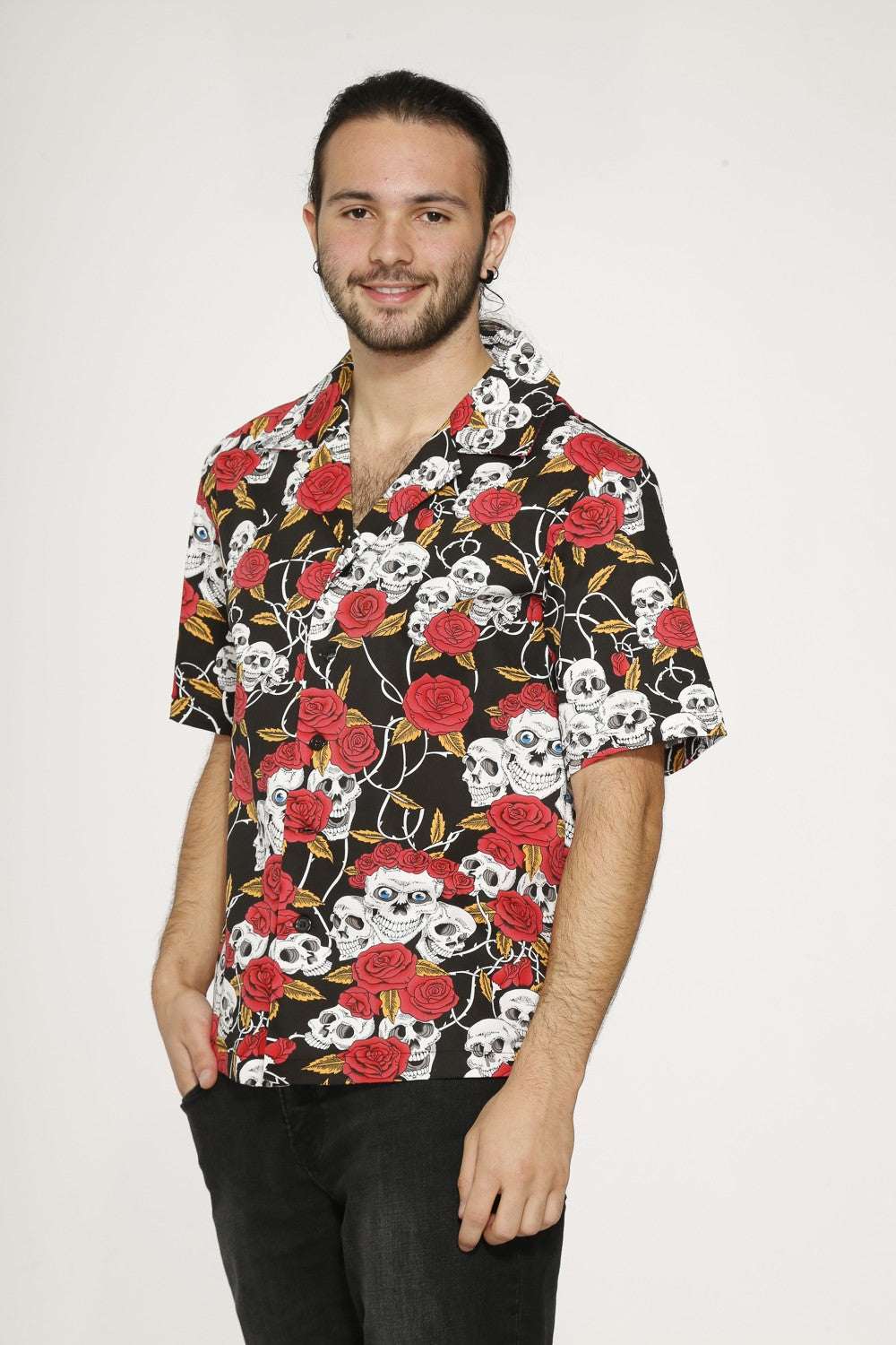 Skull & Roses Black Shirt - Orchid Bloom, featuring bold skull and rose print on a stylish model.