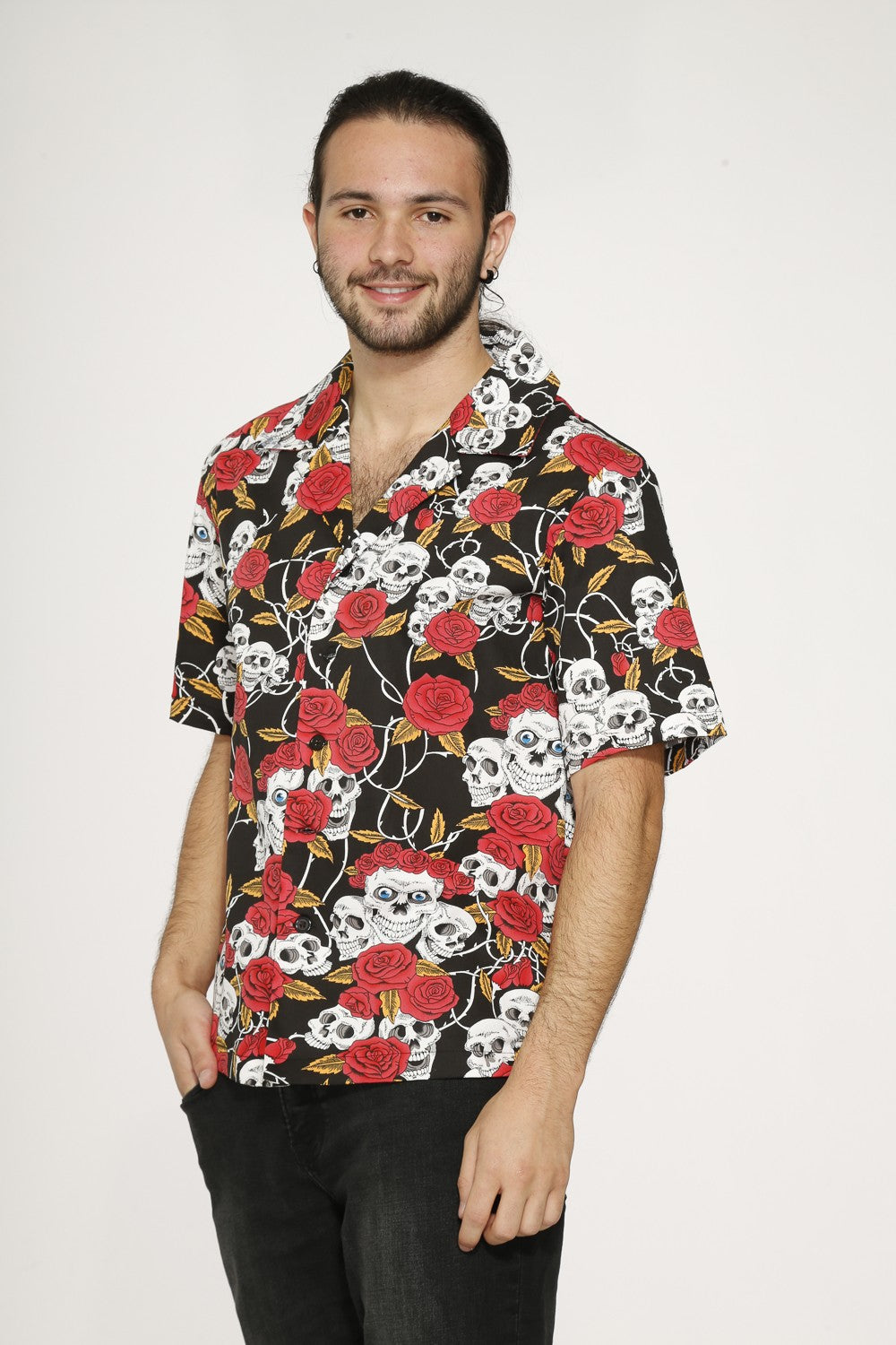 Skull & Roses Black Shirt - Orchid Bloom, featuring bold skull and rose print on a stylish model.