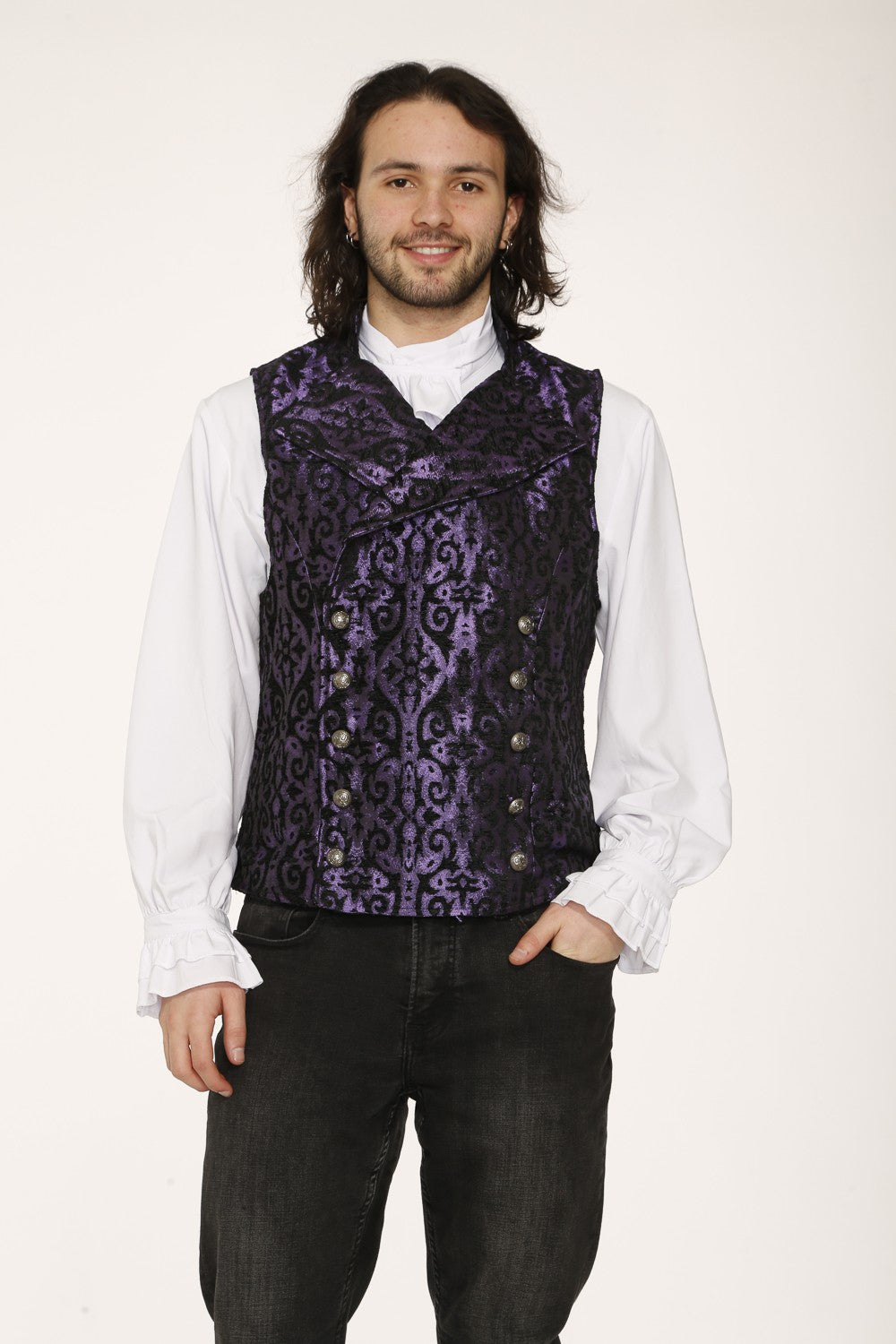 Brocade Vest –Purple  Gothic Punk Statement Outerwear modeled by a man in a white poet shirt.