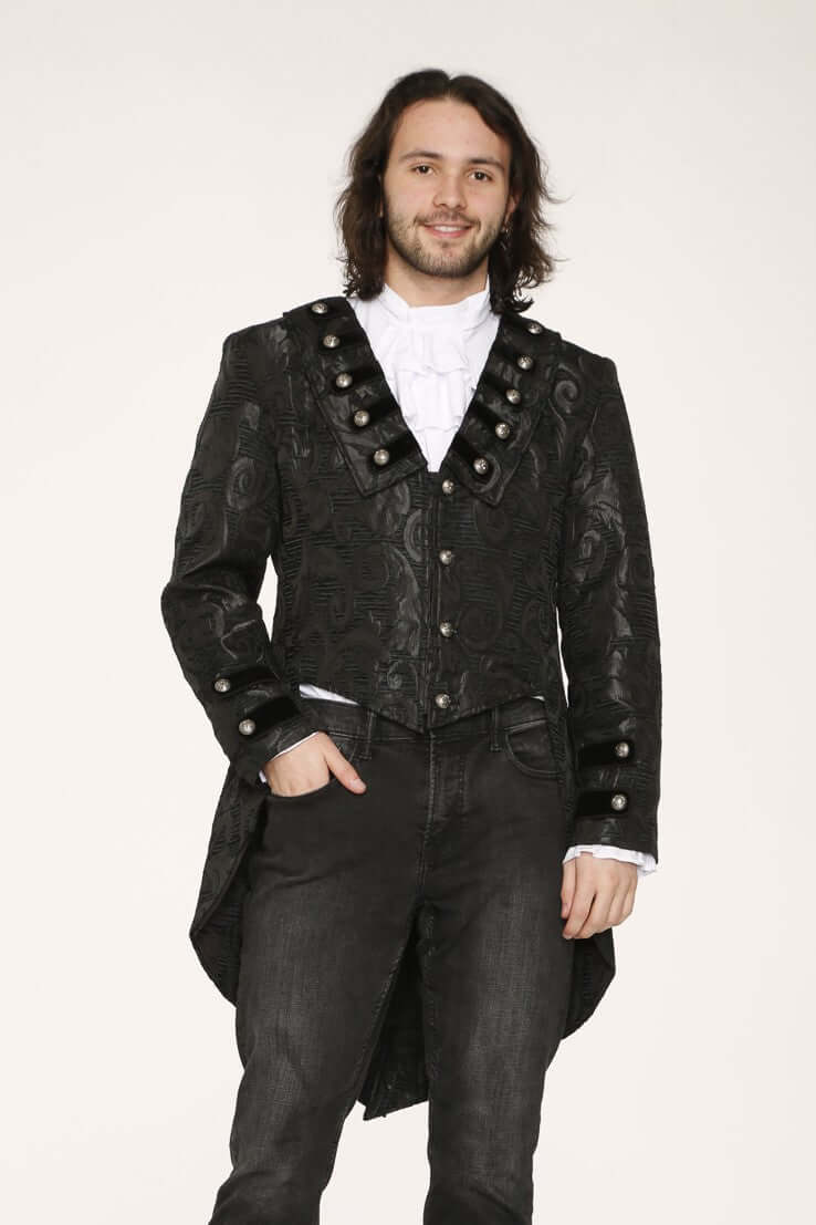Men's Victorian-inspired black brocade tailcoat featuring ornate buttons and detailed brocade fabric, styled with a gothic flair.