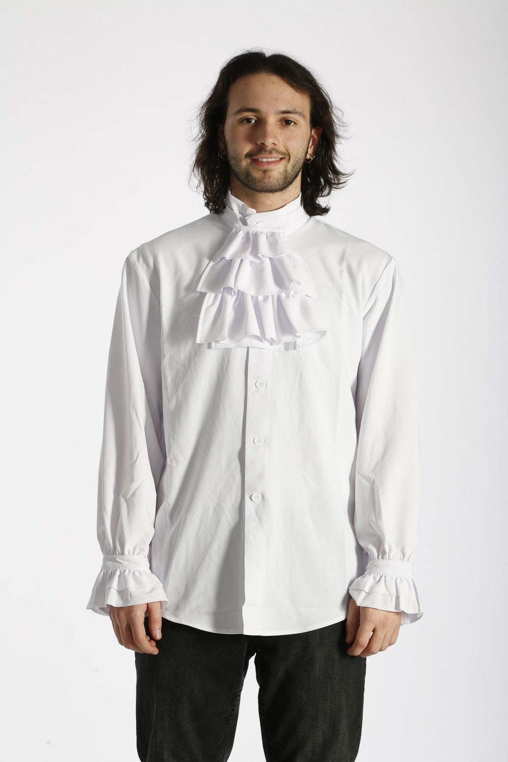 Pirate Shirt – White Cravat Gothic Punk Alternative worn by model, showcasing its elegant ruffled design and stylish look.