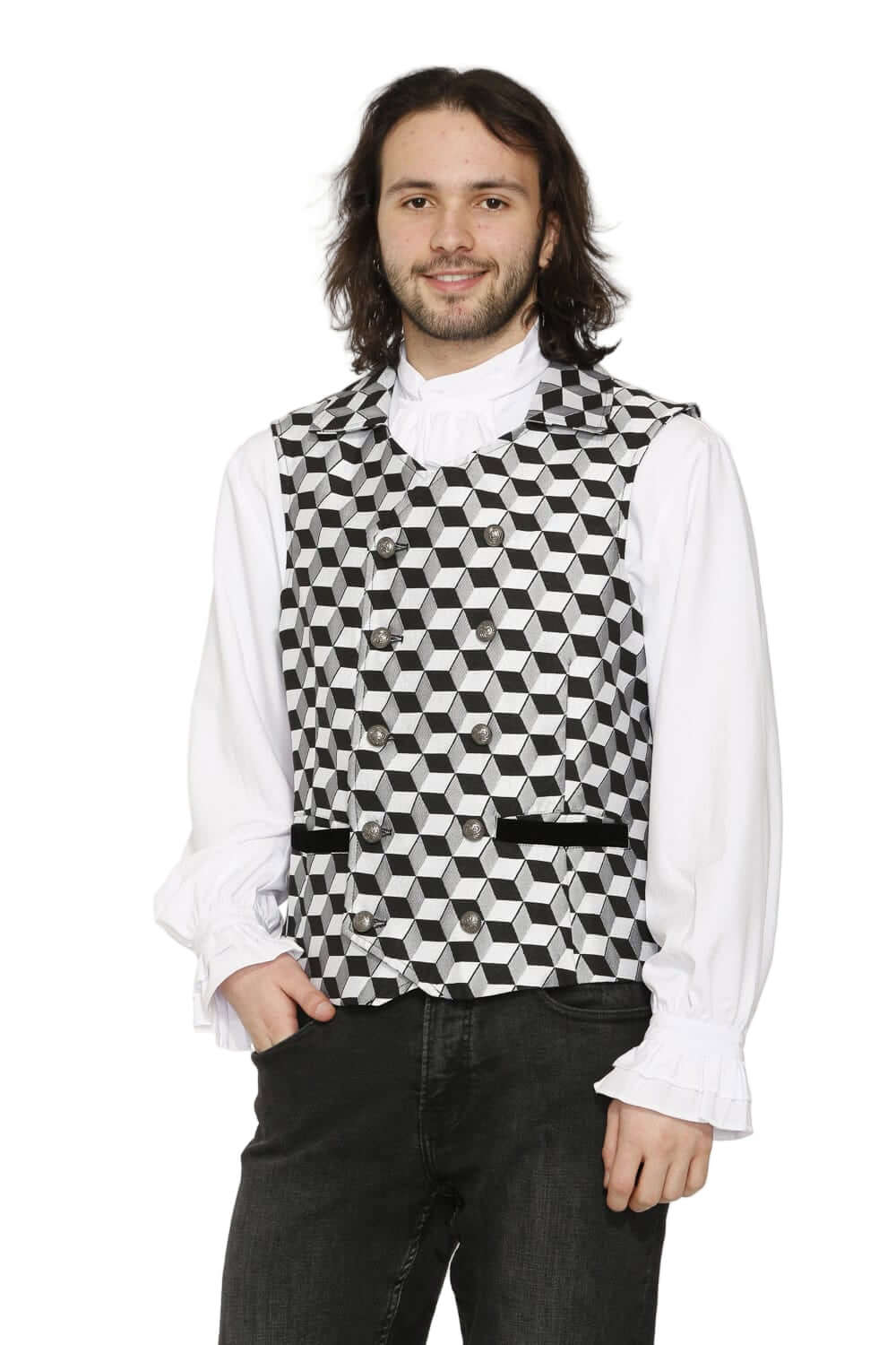 Gothic Vest – Checkmate Hypno Black & White Geometric Brocade worn by a male model.