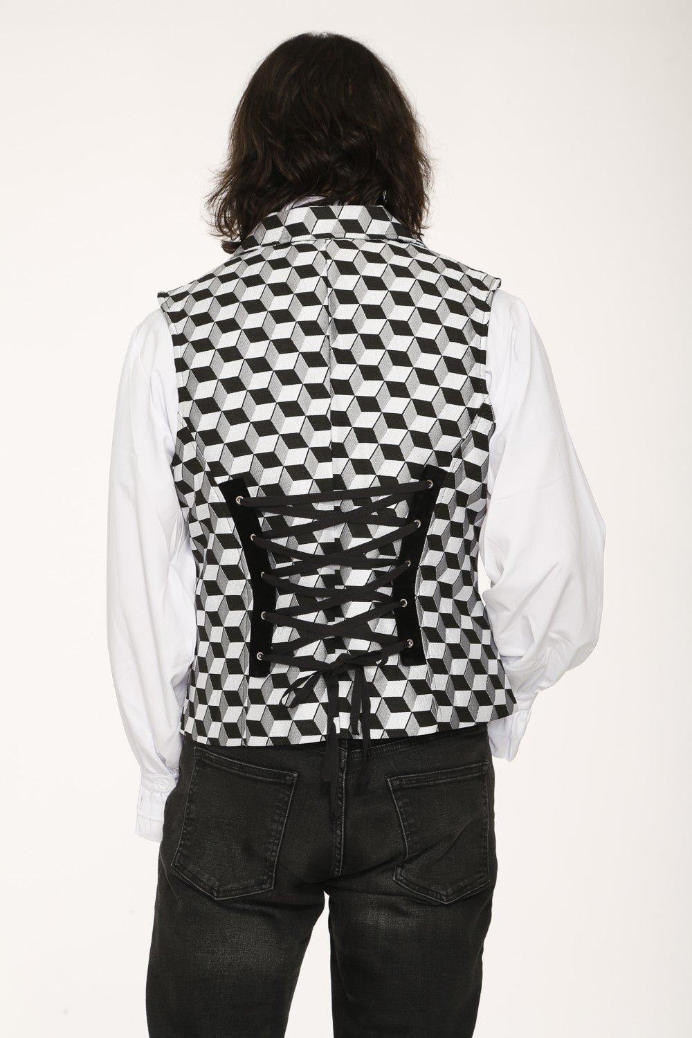 Gothic Vest – Checkmate Hypno Black & White Geometric Brocade back view featuring a laced design.