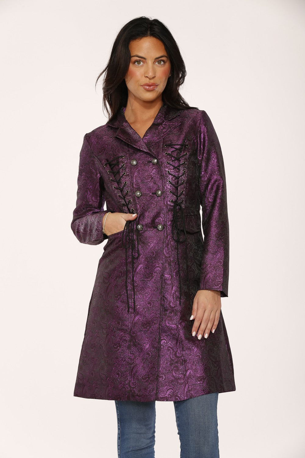 Purple metallic brocade jacket with mock corset lacing worn by a woman, highlighting its luxurious texture and stylish design.