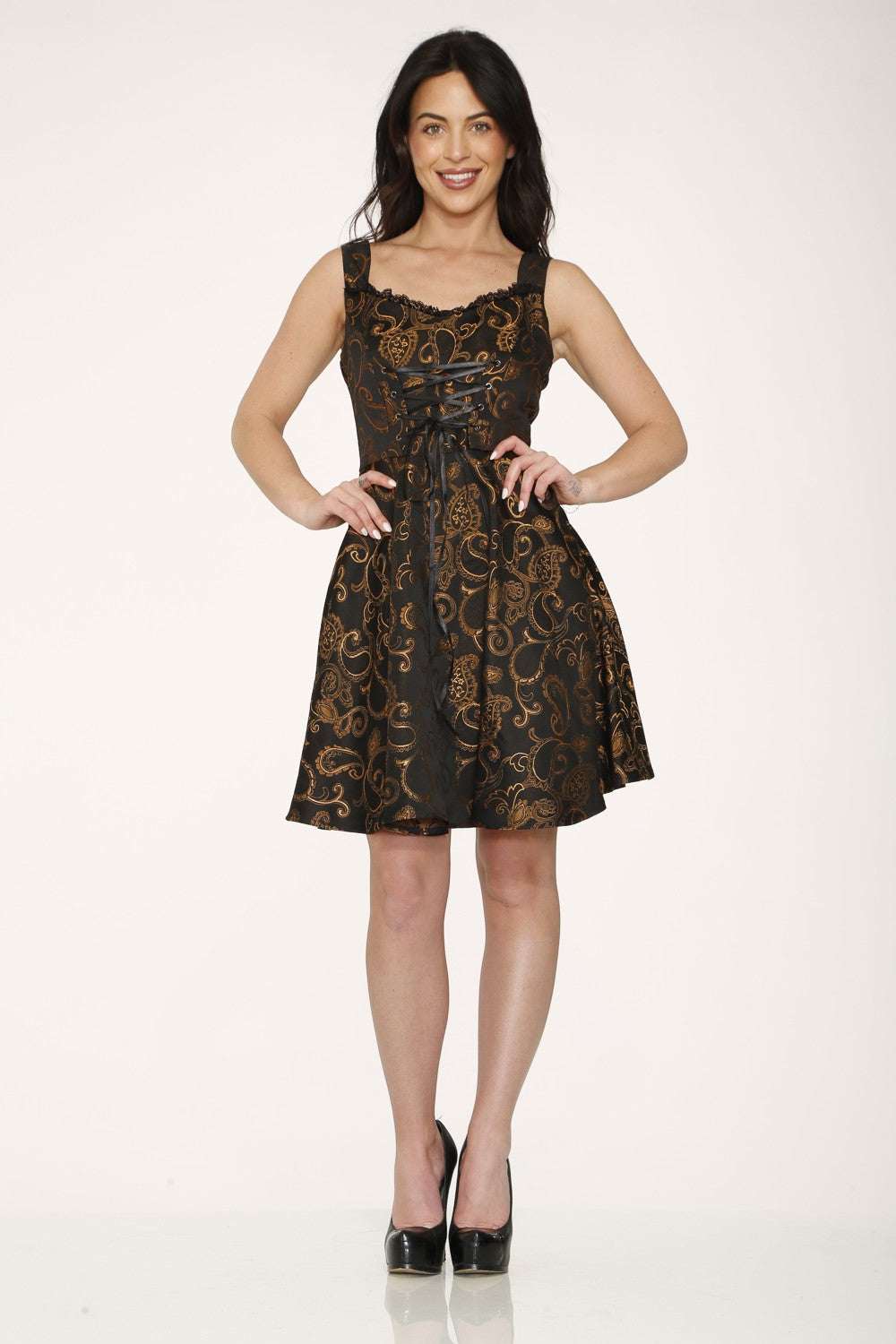 Woman wearing a black lace dress on a white background