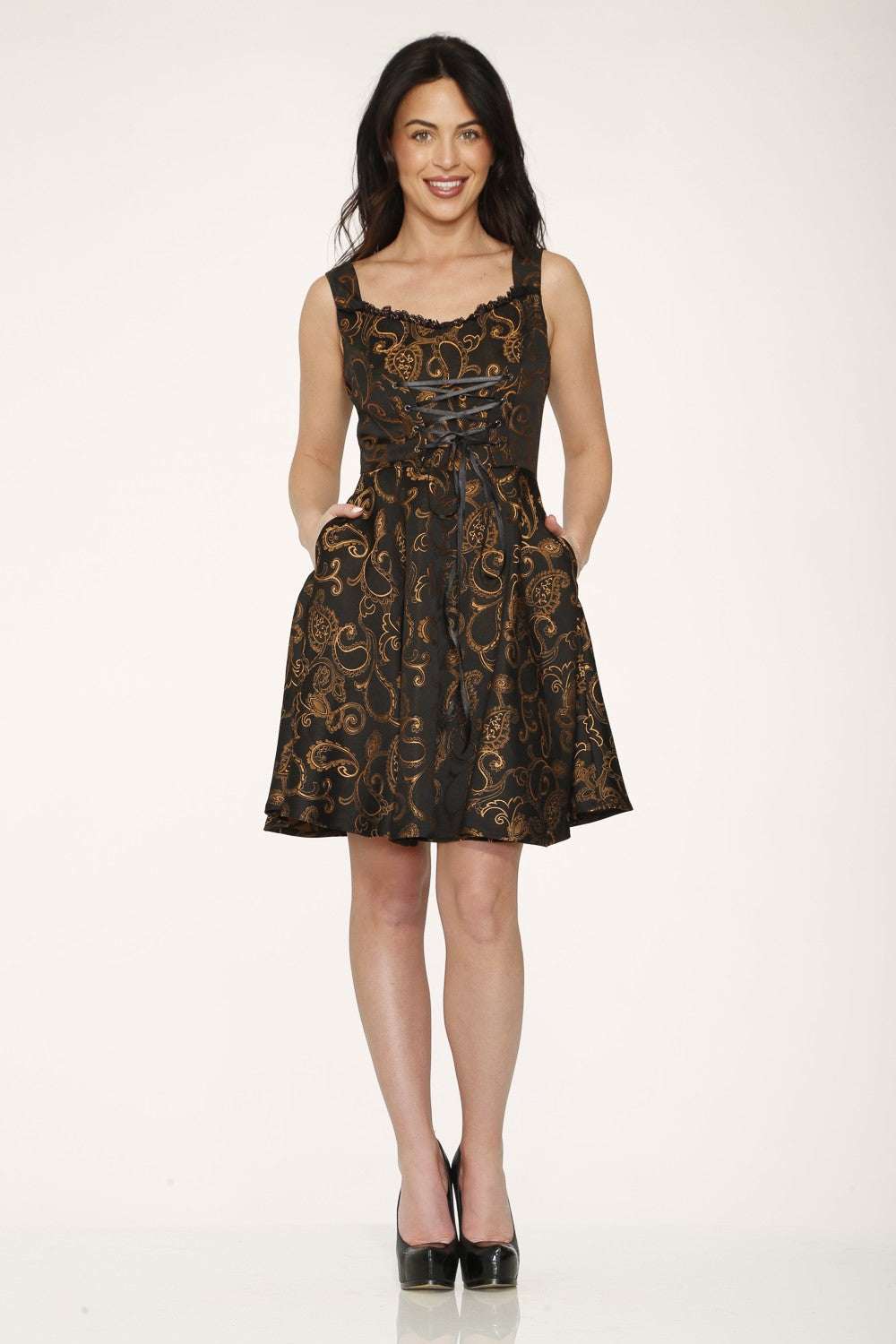 Woman wearing a black dress on a white background
