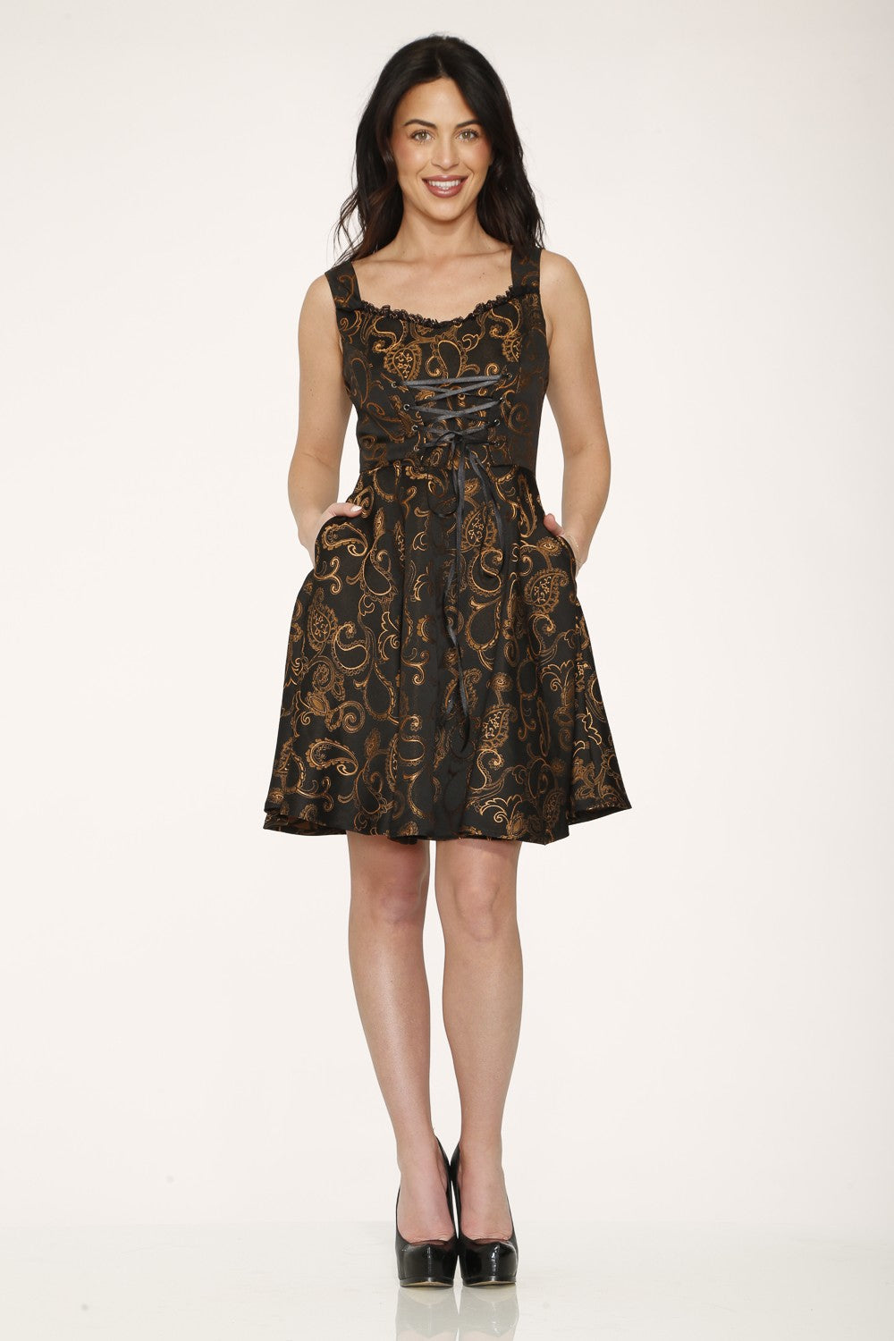 Woman wearing a black dress on a white background