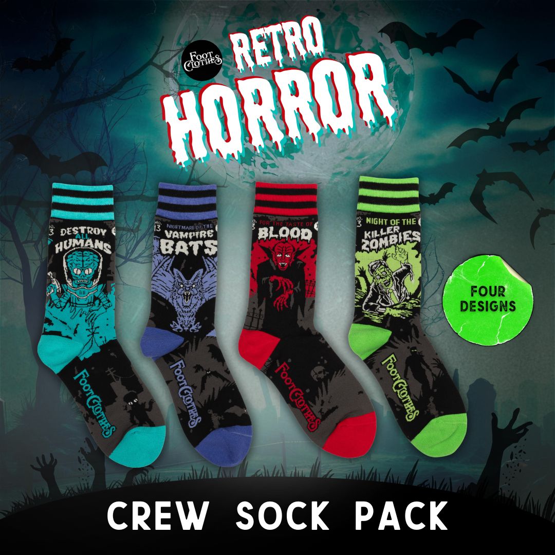 Four-design retro-horror crew sock pack.
