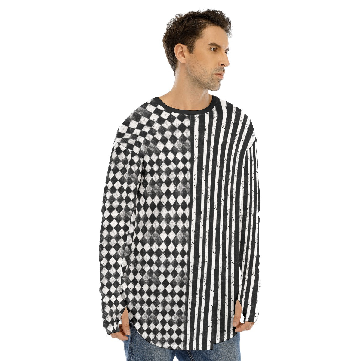 CARNYVL “Dirty Diamonds” Long Sleeve Thumb Crew T-Shirt featuring black-and-white harlequin and striped design.