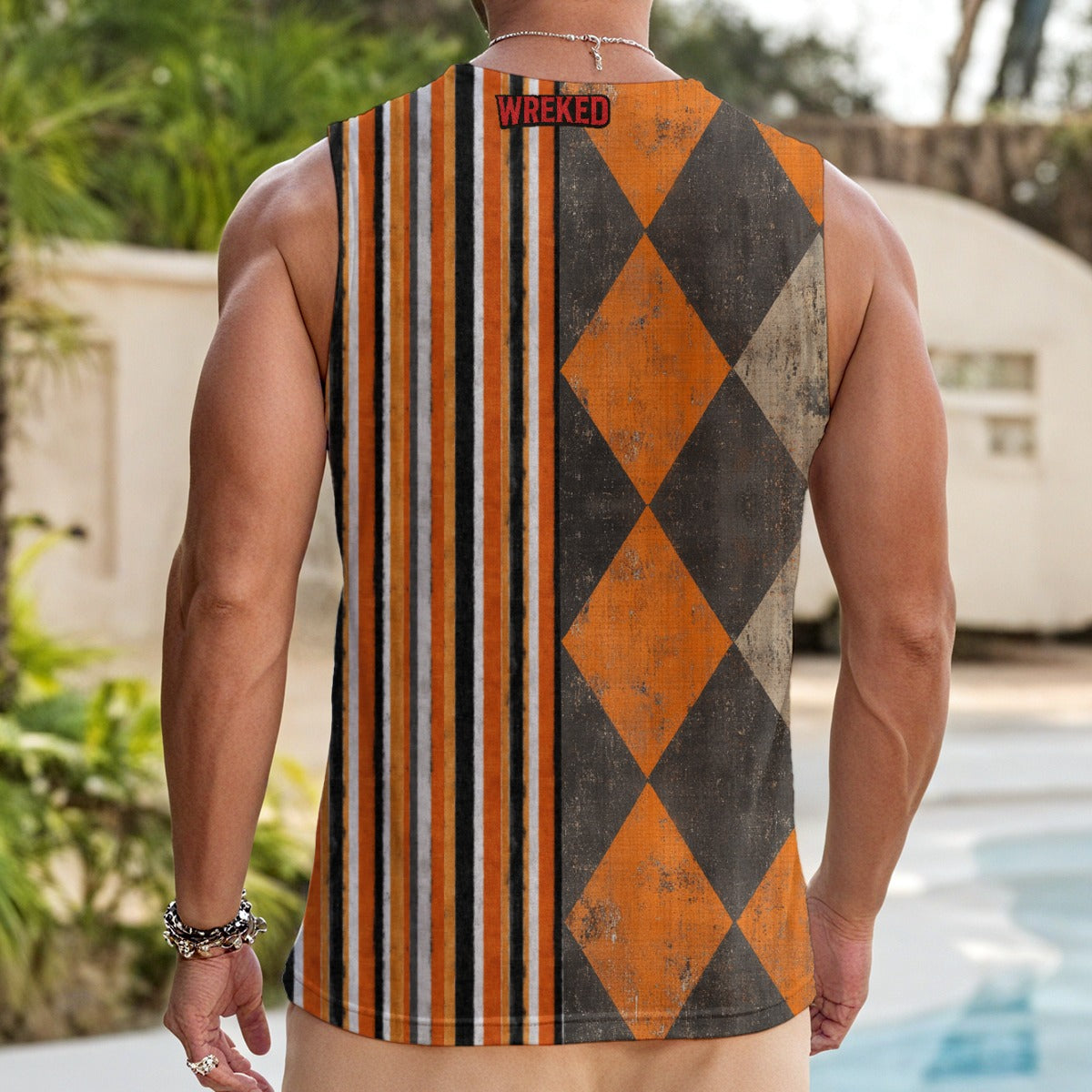 Back view of the WREKED Split-Pattern Lace-Up Sleeveless Top featuring bold colors and a unique pattern design.